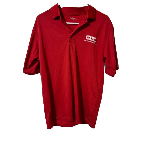HEB Logo Red Polyester Polo Work Shirt Mens Size M Lightweight Threads Brand - Picture 1 of 6